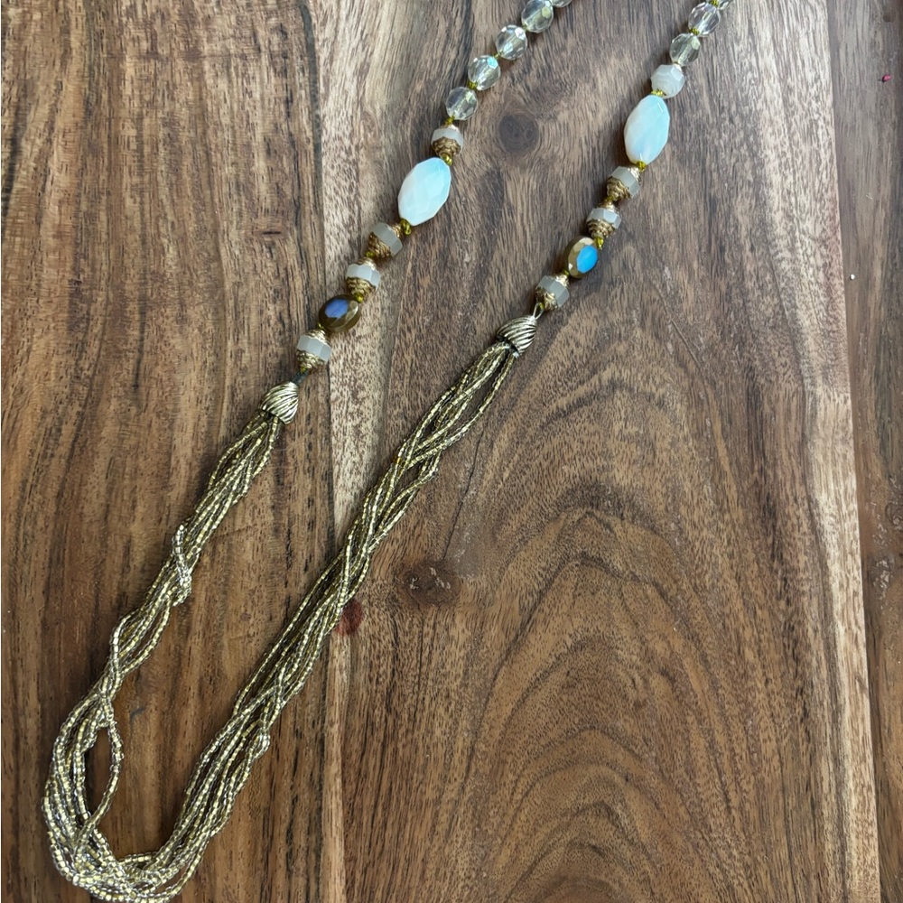 Liz Claiborne Gold Multi-Strand Beaded Necklace with White and Iridescent Beads